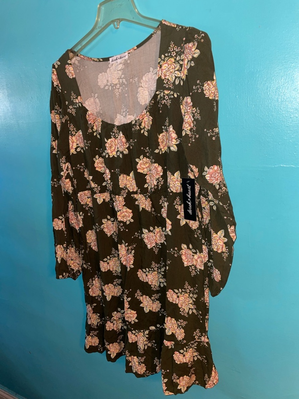 Derek Heart Olive Green Floral Long-Sleeve Scoop Dress